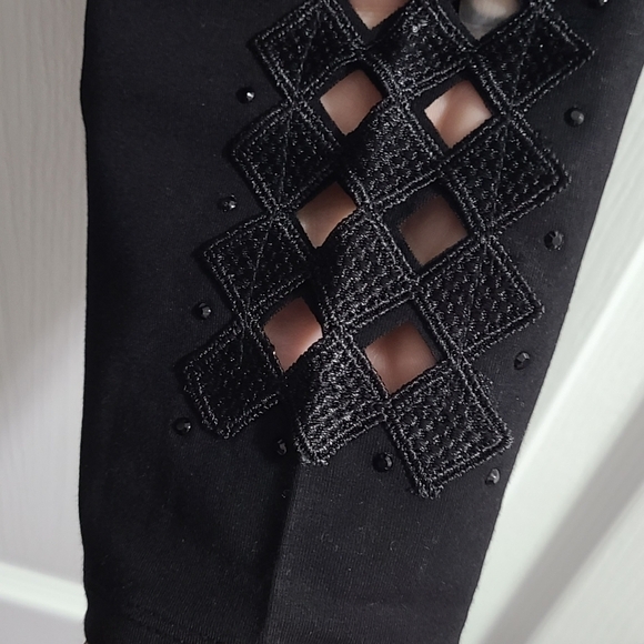 TRÏBE Solid Black Rhinestone Detail Leggings ankle cutouts elastic waist Med NWT - Picture 2 of 7